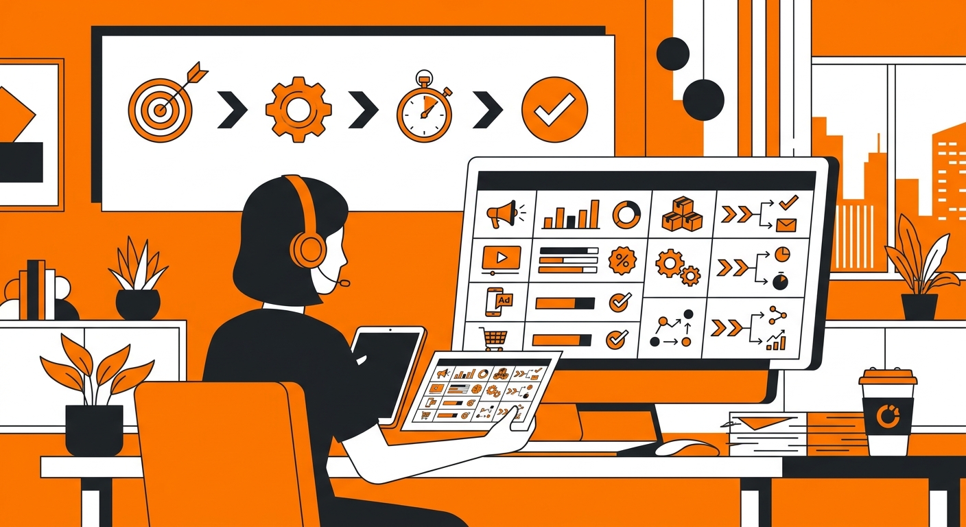 A sleek office-style visual of a media planner reviewing a fulfillment rate card document with clear tables, percentages, and