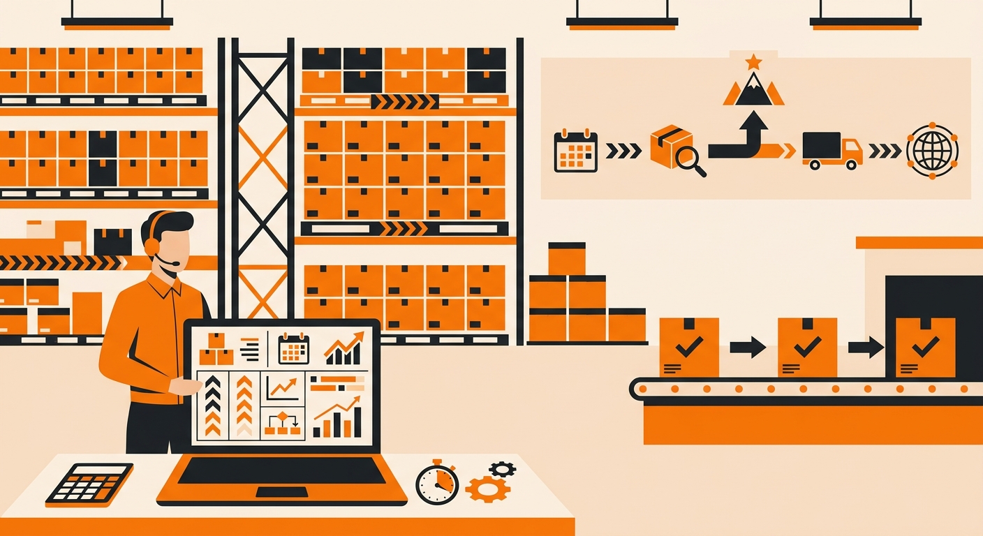 A professional warehouse operations scene showing a supply chain manager reviewing peak season inventory forecasts on a lapto