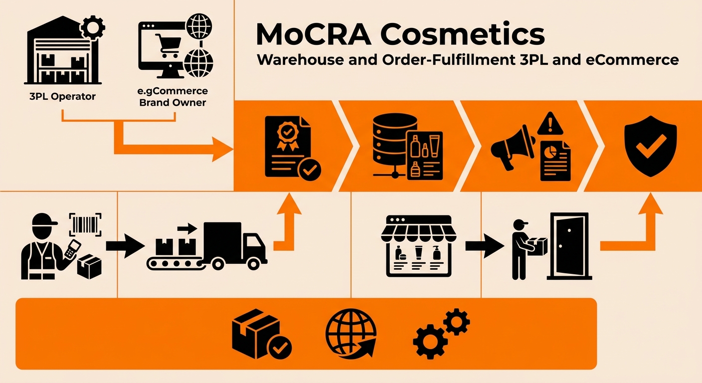 Infographic showing the MoCRA cosmetics compliance chain from facility registration and product listing through safety substantiation, serious adverse event reporting, and label compliance review, mapped to 3PL fulfillment touchpoints including inbound receiving, pick-and-pack, and shipping