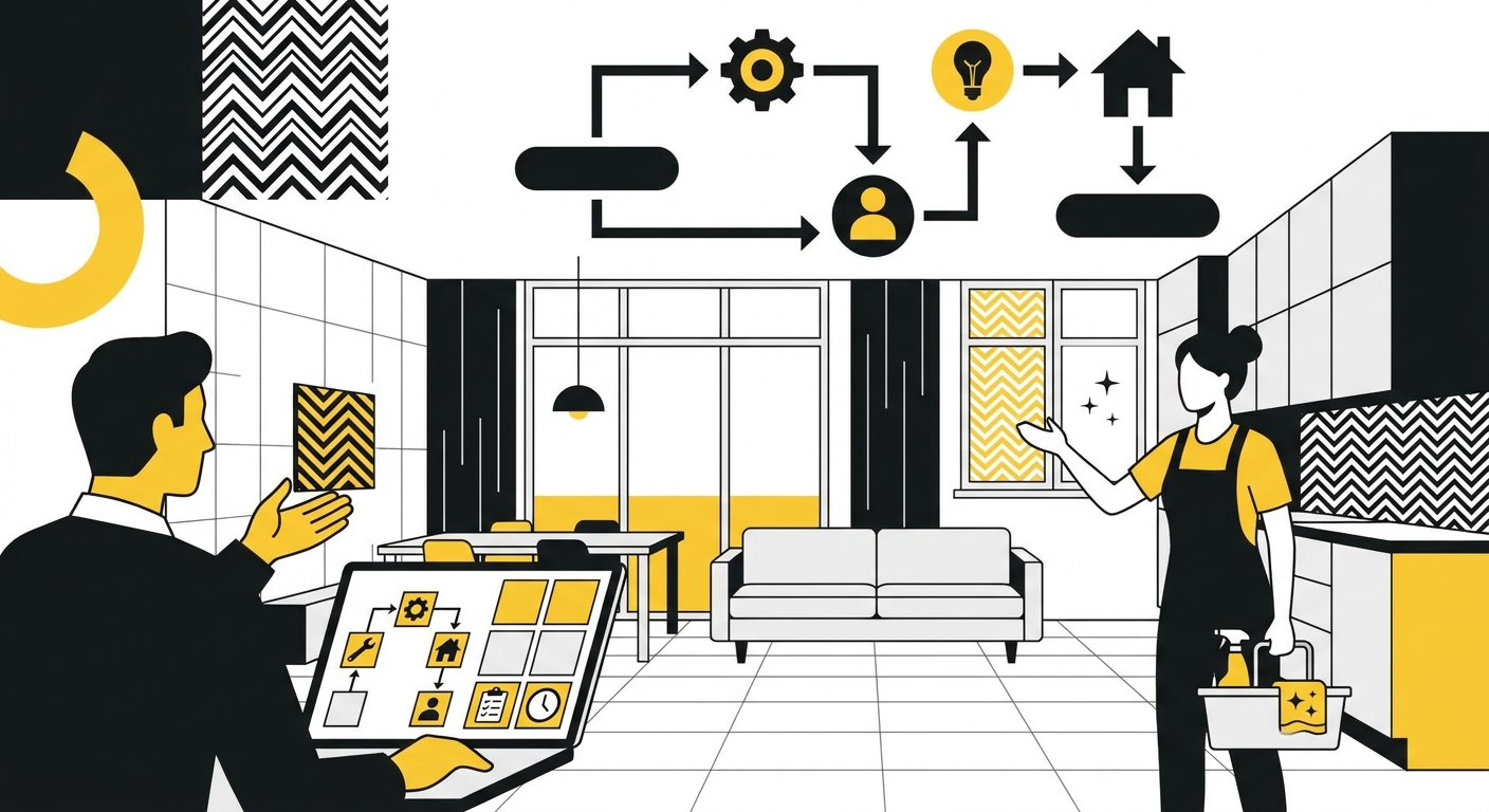 A professional property manager reviews a vacation rental maintenance request template on a laptop while speaking with a clea
