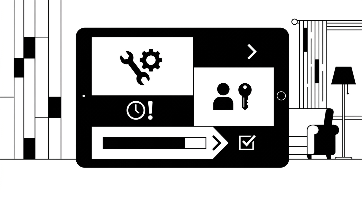 A close-up of a digital maintenance request form displayed on a tablet, showing fields for issue type, urgency, guest details