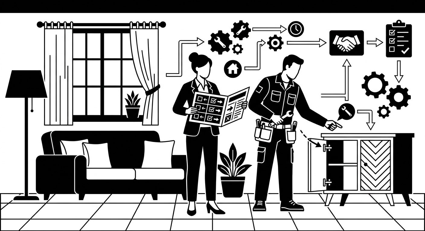 A maintenance technician and vacation rental host stand in a well-kept holiday property, inspecting a minor repair while refe