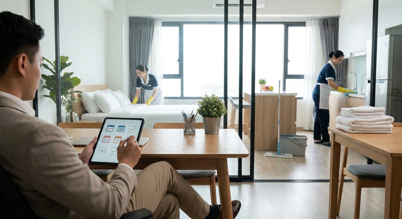 A clean, modern workspace featuring a property manager reviewing a digital cleaning schedule on a tablet while a housekeeping