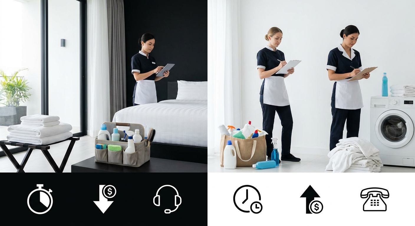 A professional split-scene image showing a vacation rental turnover in progress on one side and a properly managed cleaning o