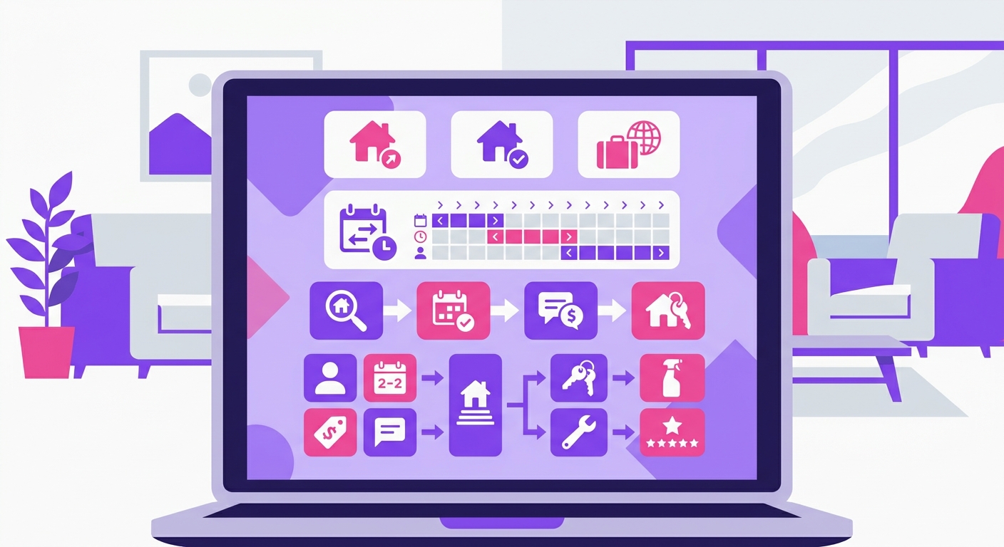 A clean workspace shows a laptop displaying a short-term rental management dashboard with calendar sync, booking details, and