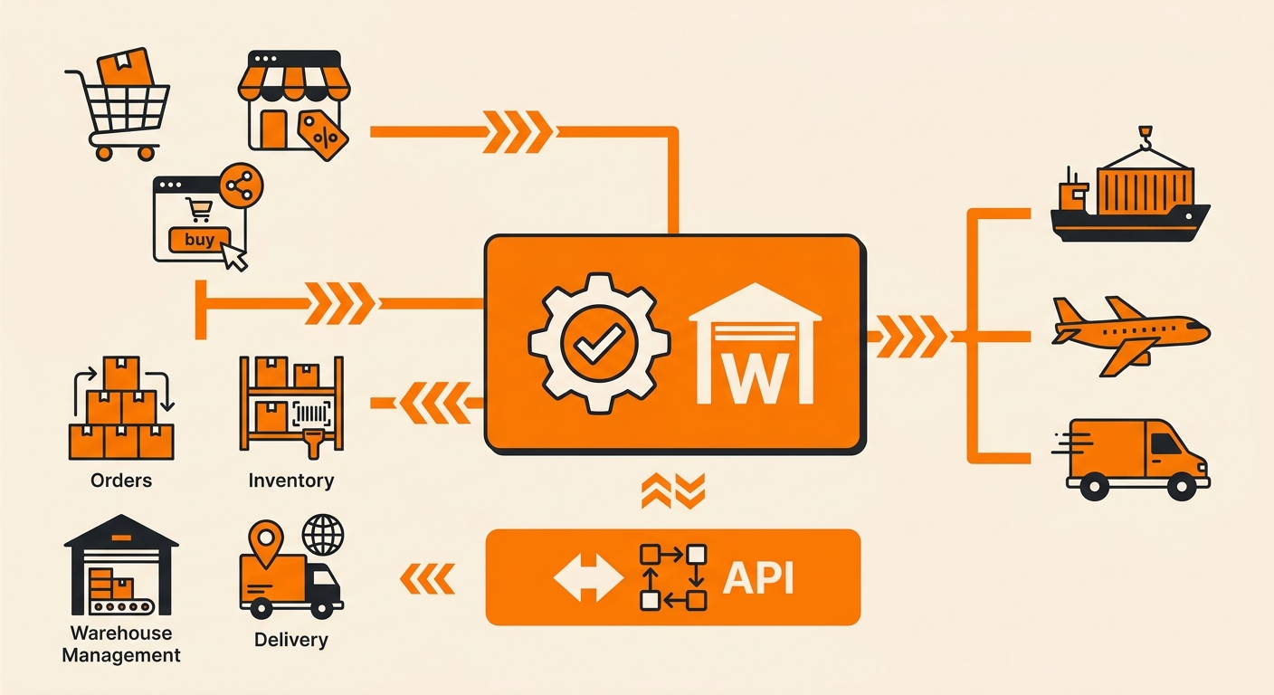 A minimalist digital illustration showing multiple ecommerce and logistics platforms linked through API connections to a cent