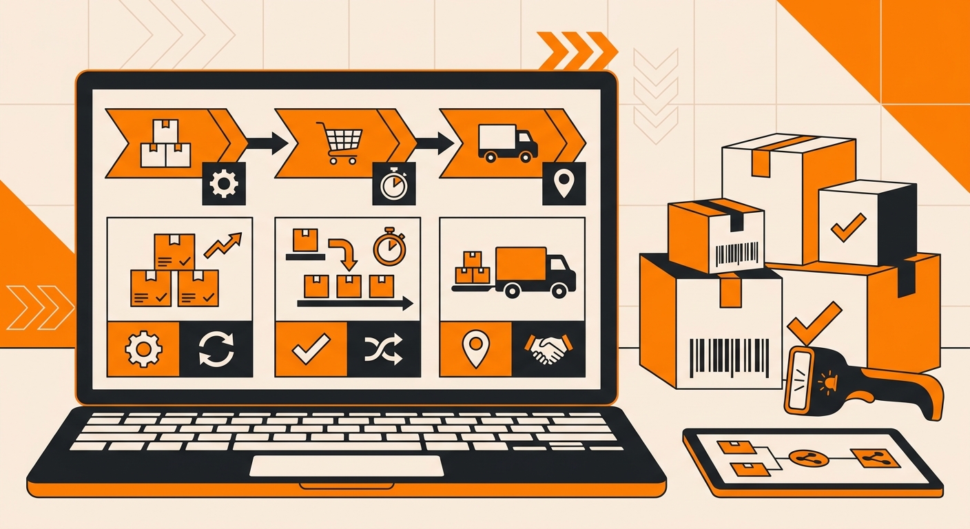 A clean, modern warehouse operations dashboard displayed on a laptop beside neatly packed shipping boxes and barcode scanners