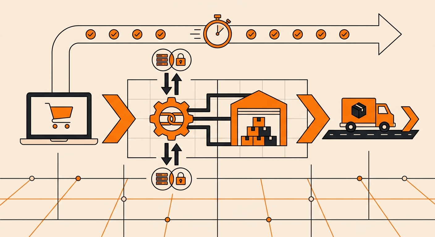 A minimal, modern supply chain illustration featuring an online order moving seamlessly from storefront to warehouse to deliv