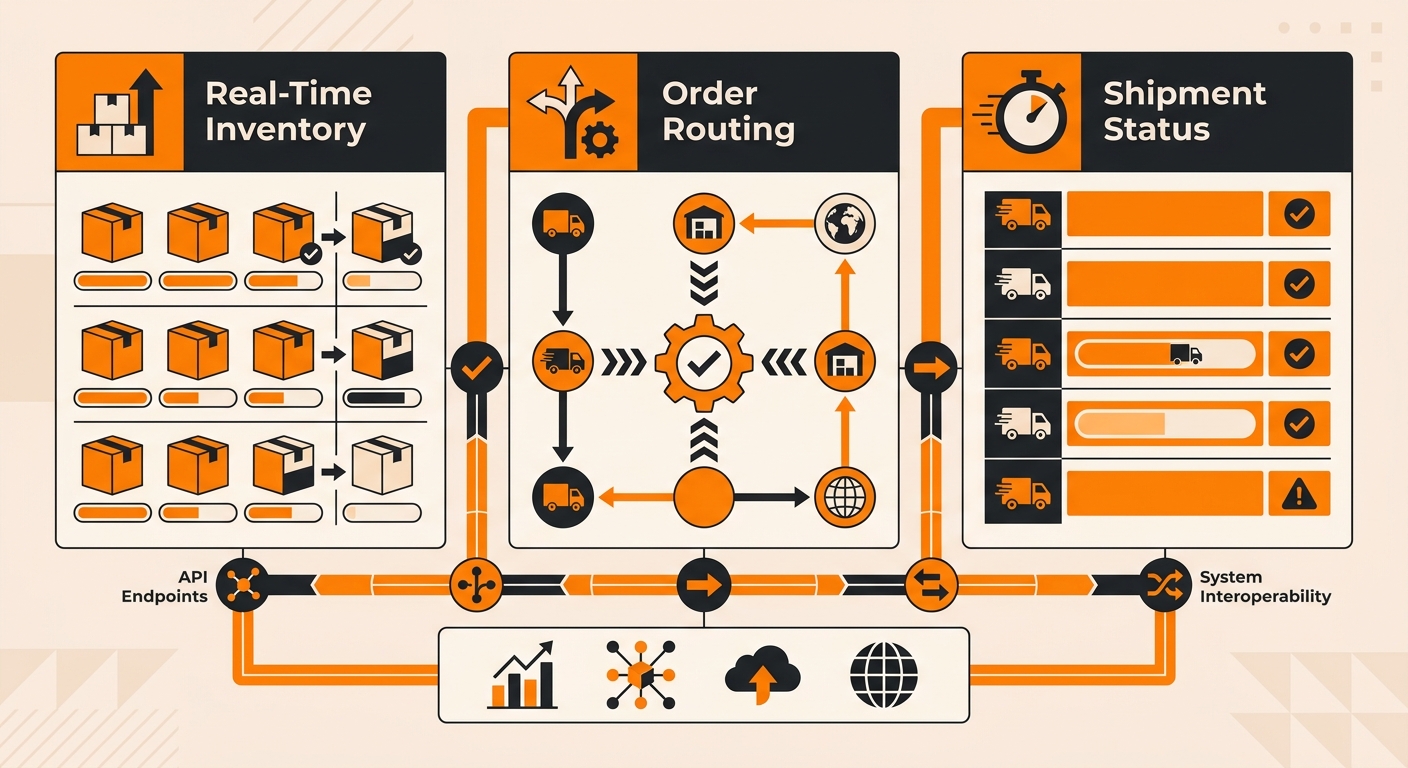 A professional office-style graphic showing a digital dashboard with real-time inventory, order routing, and shipment status