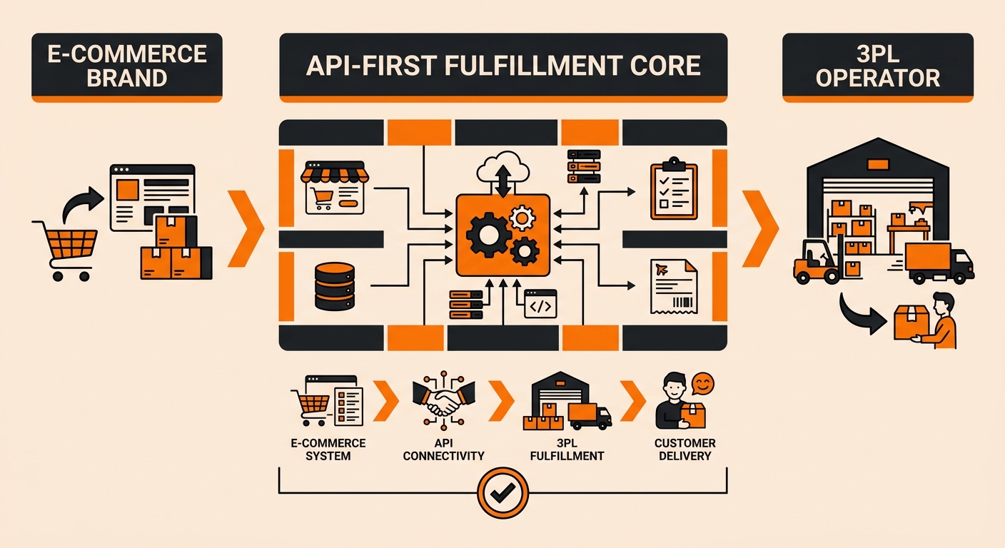 Diagram showing an eCommerce storefront sending a JSON order payload via API to a 3PL warehouse management system, which routes pick-and-pack instructions to the warehouse floor and pushes tracking data back to the storefront in real time