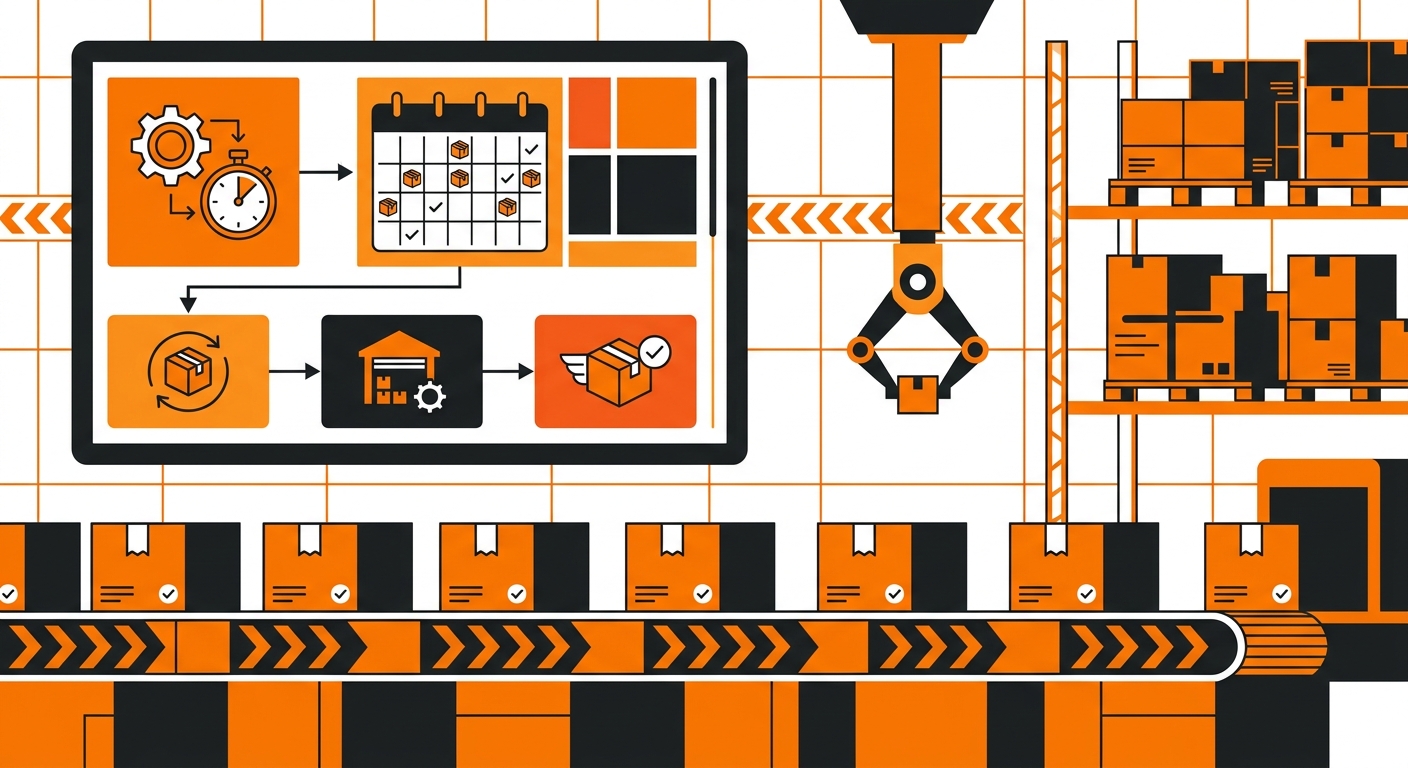 A clean warehouse fulfillment scene with neatly packed subscription boxes moving along a conveyor while a dashboard on a near