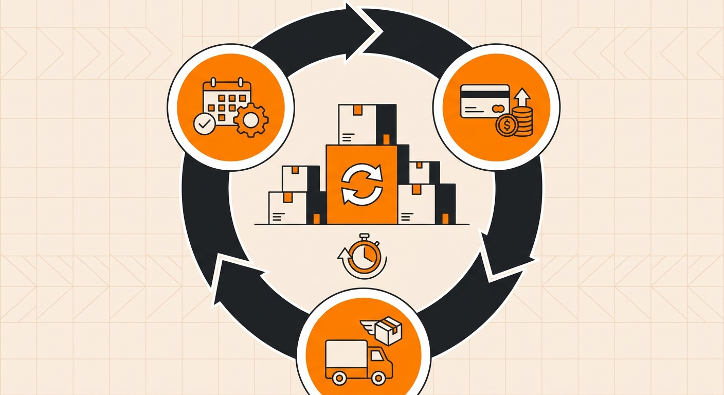 A modern e-commerce operations graphic showing a calendar, stacked product boxes, and circular arrows connecting inventory, p