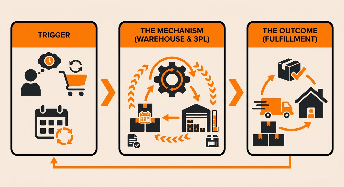 Infographic showing the four stages of recurring fulfillment: OMS trigger generating a scheduled order, WMS reserving and slotting inventory, batch pick-and-pack execution, and bulk carrier label generation with SLA-compliant ship date