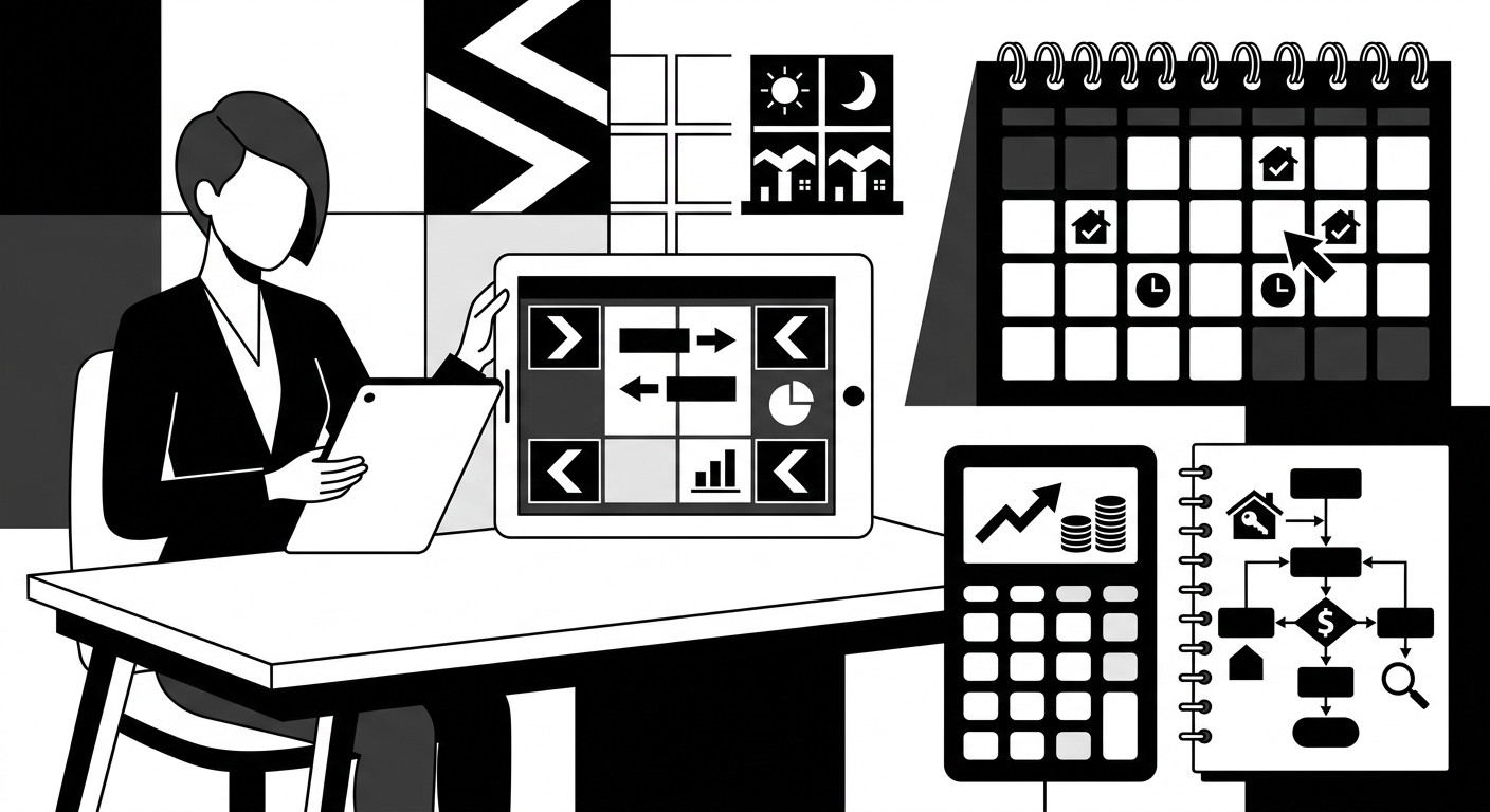 A bright, polished image of a property manager reviewing occupancy data on a tablet beside a calendar, calculator, and notebo
