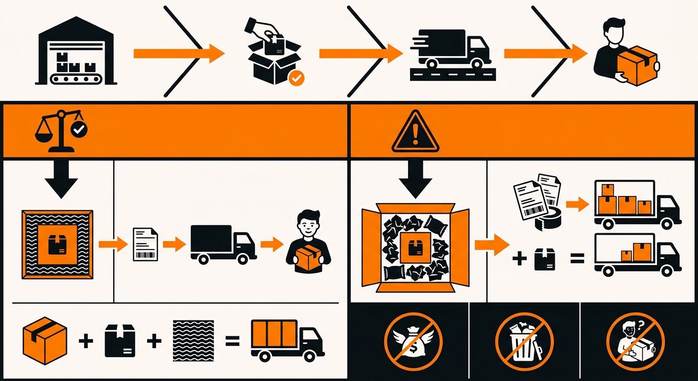 Infographic showing a small product inside an oversized shipping carton with excess void fill, alongside a DIM weight calculation and a cost comparison between right-sized and oversized packaging