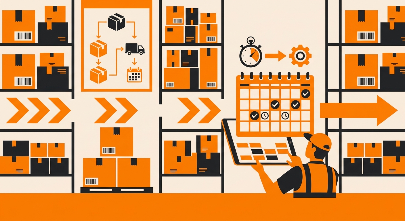 A polished warehouse operations scene featuring packed shelves, labeled parcels, and a team member reviewing a digital calend