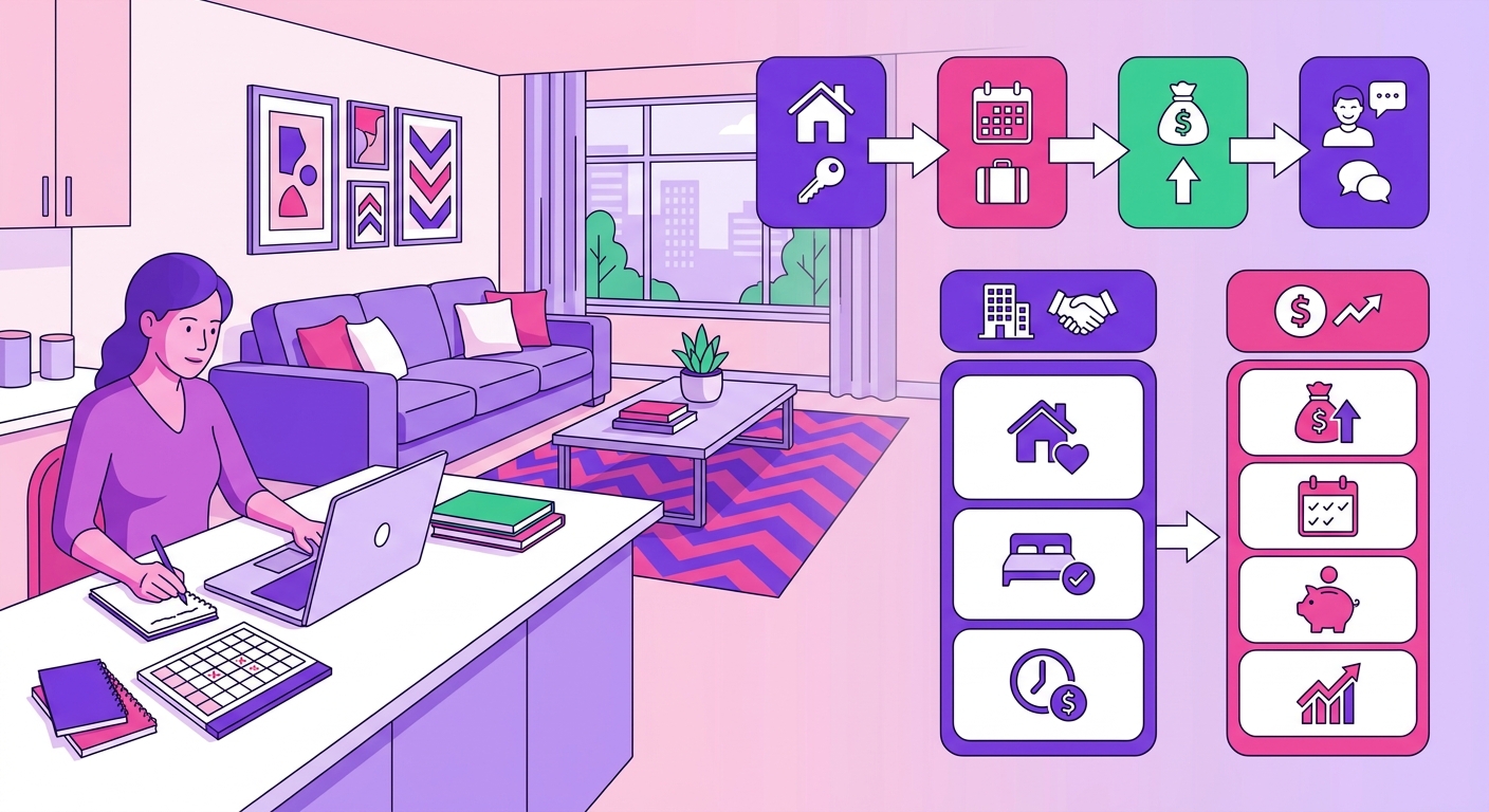 A tidy living room in a stylish short-term rental features a property owner or operator working at a kitchen counter with a l