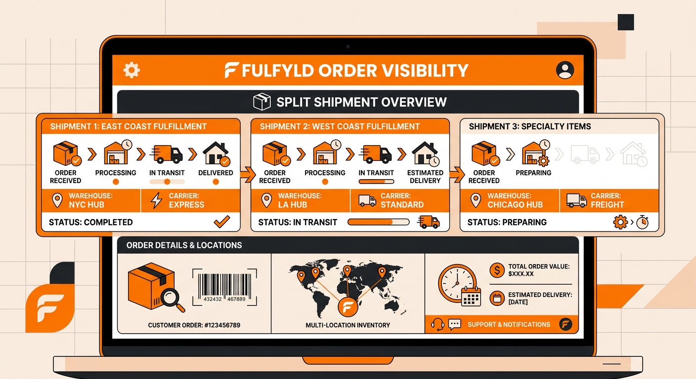 A clean logistics dashboard displayed on a laptop shows one customer order divided into multiple shipments, with clear status