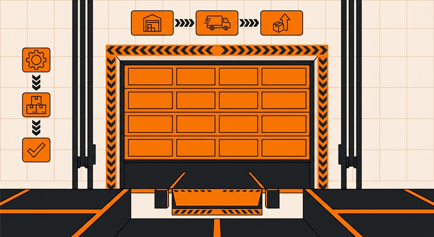 A clean, well-lit warehouse loading dock showing a closed dock door with visible panels, tracks, and seals, highlighting the