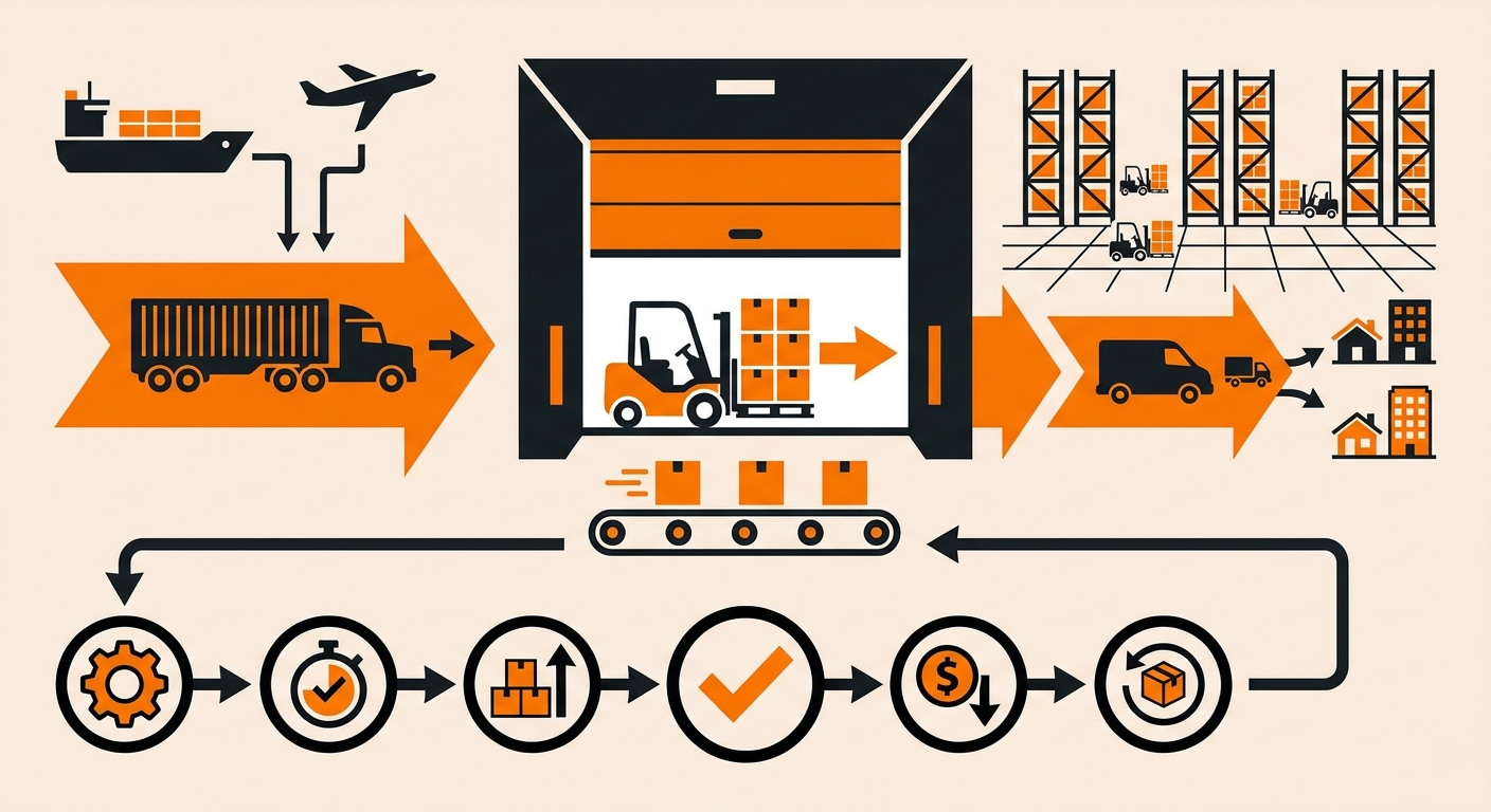 Diagram of a warehouse dock door showing the door opening, dock leveler bridging the gap to a truck bed, dock seal around the trailer, and vehicle restraint on the rear-impact guard, with inbound and outbound freight flow labeled
