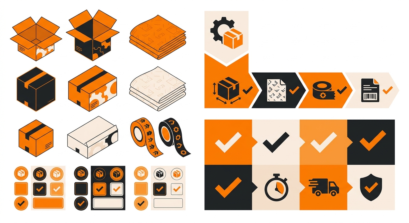 A close-up of customizable e-commerce packaging options displayed on a white table, showing different box sizes, tissue paper