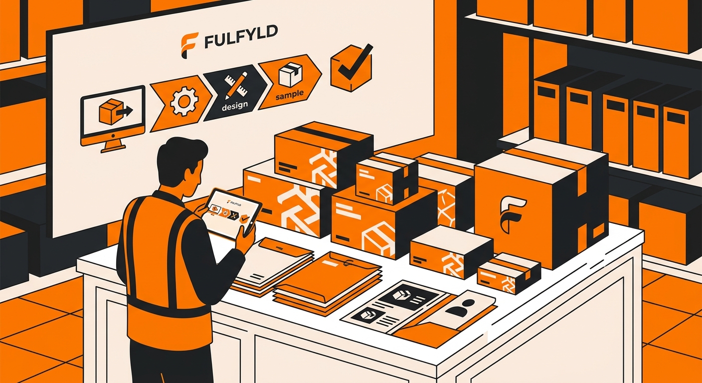 A clean warehouse workspace featuring neatly arranged custom packaging samples, including branded boxes, mailers, and inserts