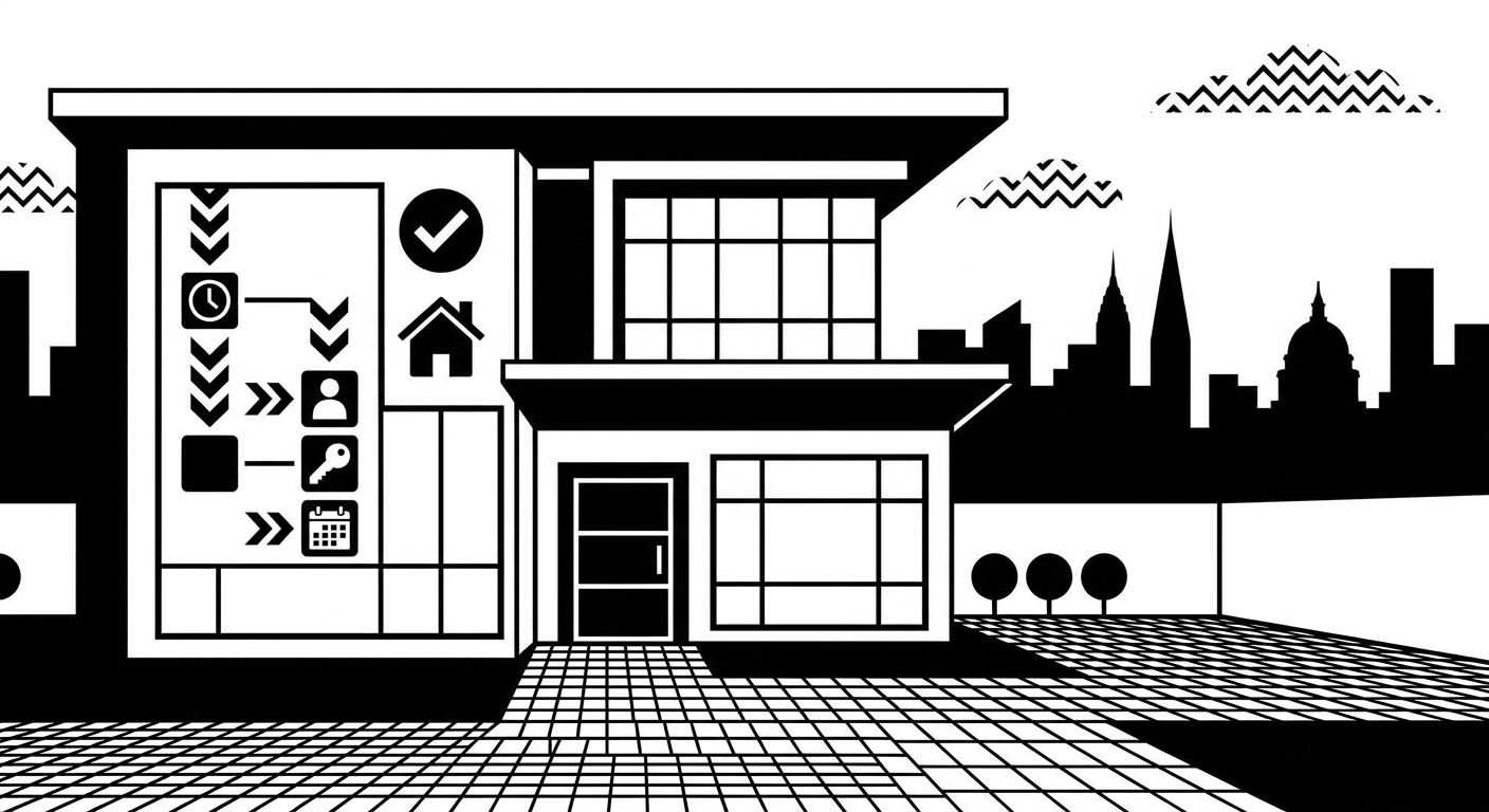 A professional exterior shot of a modern short-term rental home in a Nashville residential neighborhood, with a subtle city s