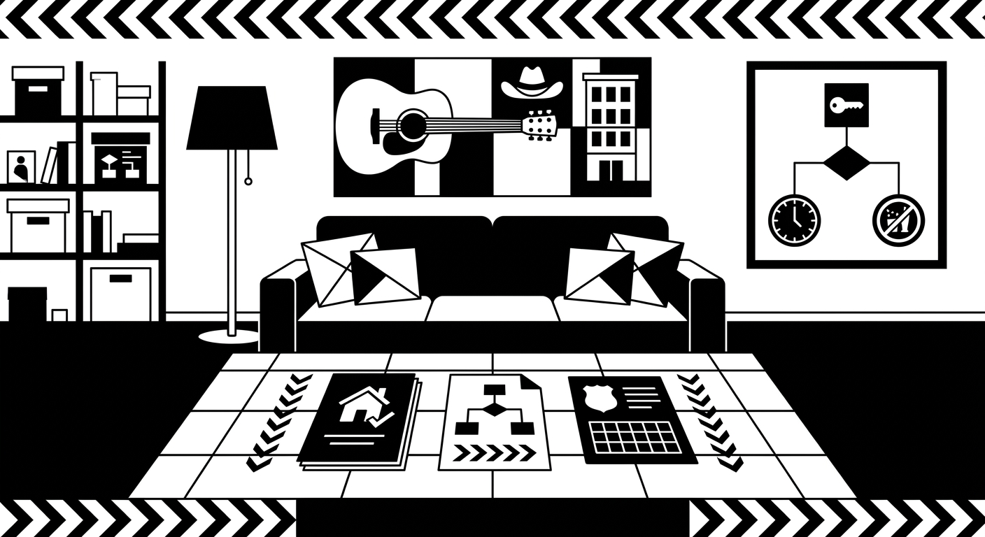 A tidy interior scene of a Nashville Airbnb living room with a welcome booklet, house rules sheet, and permit-style document 