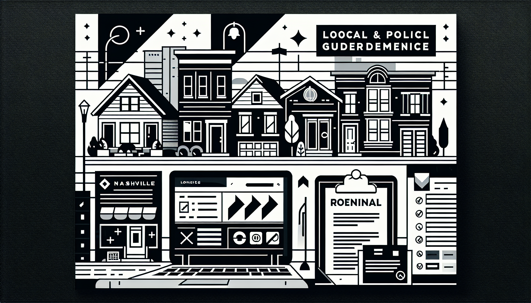 A professional urban streetscape image showing a Nashville neighborhood with a mix of homes and local signage, paired with a 