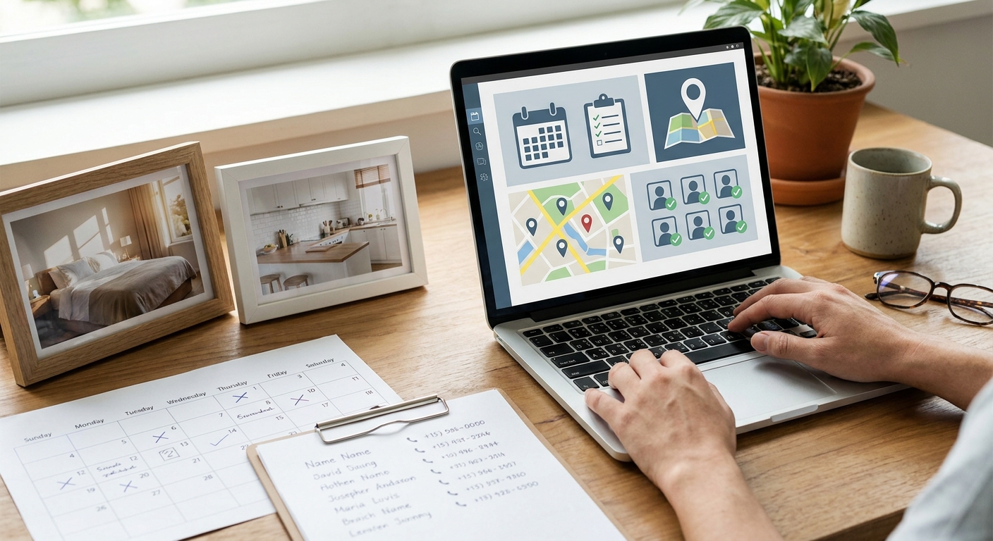 An Airbnb host works from a home office desk with a calendar, cleaner scheduling software, and a shortlist of vetted cleaning