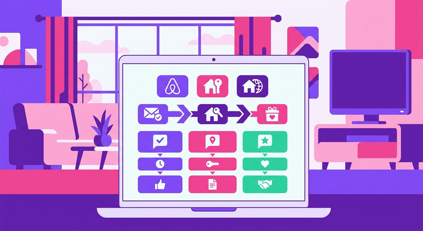 A modern laptop screen displays a polished short-term rental messaging workflow with automated responses for booking confirma