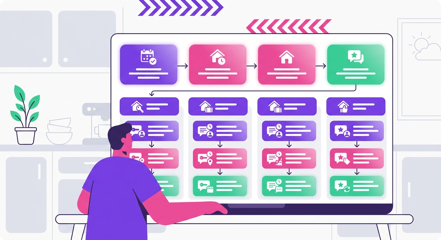 A short-term rental host sits at a laptop in a bright vacation home kitchen, reviewing an automated guest messaging dashboard
