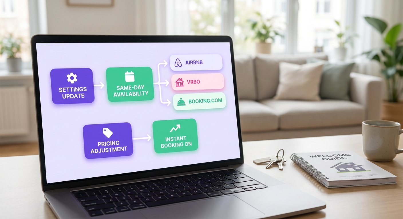 A modern dashboard on a laptop screen shows same-day availability across Airbnb, VRBO, and Booking.com for a vacation rental,