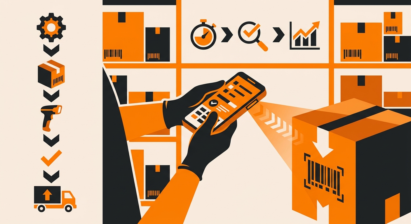A close-up of a warehouse associate scanning product barcodes and confirming quantities on a handheld device before shipment.