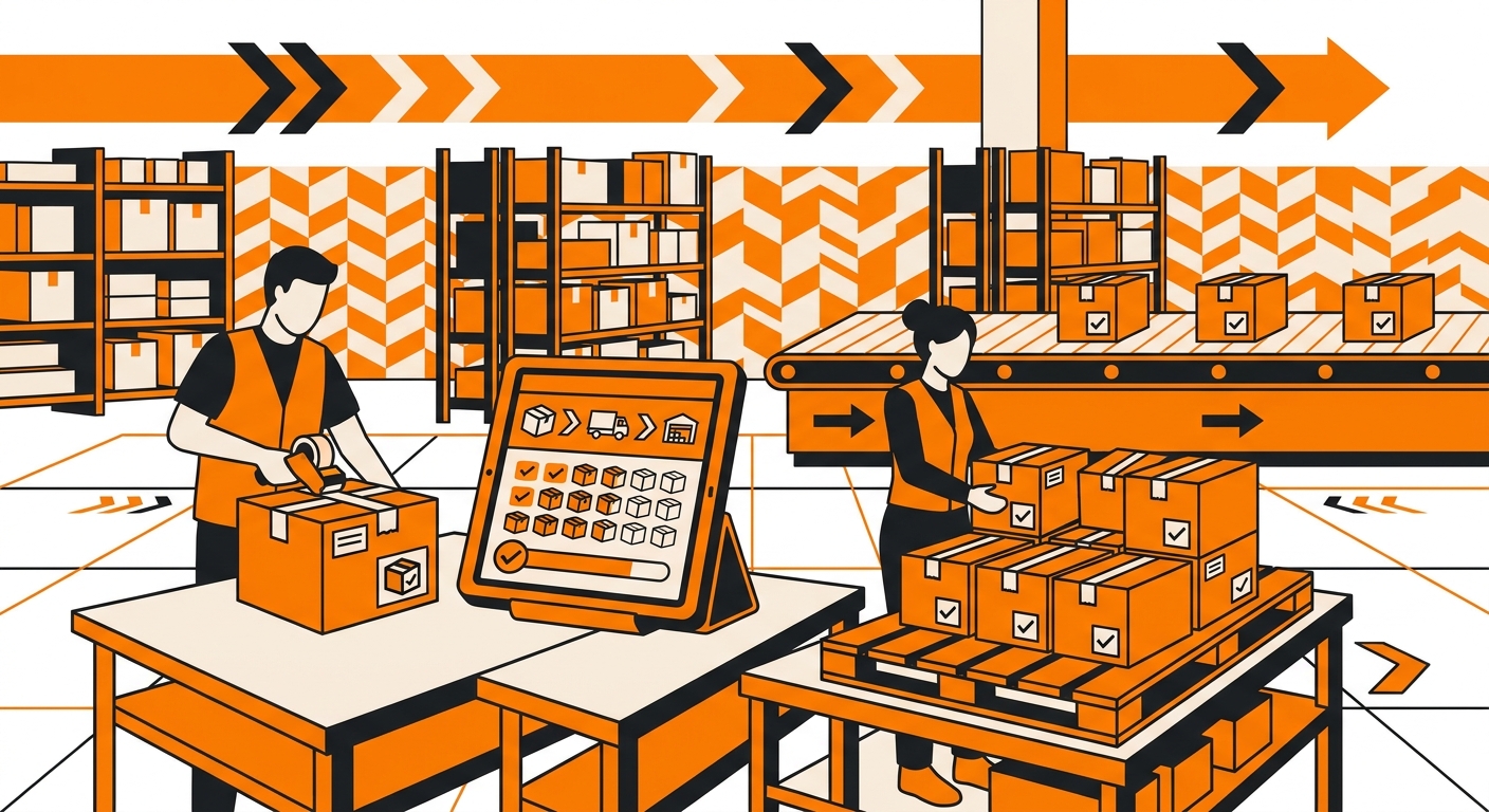 A clean warehouse operations scene showing staff preparing labeled boxes on packing tables beside pallets, with a laptop or t
