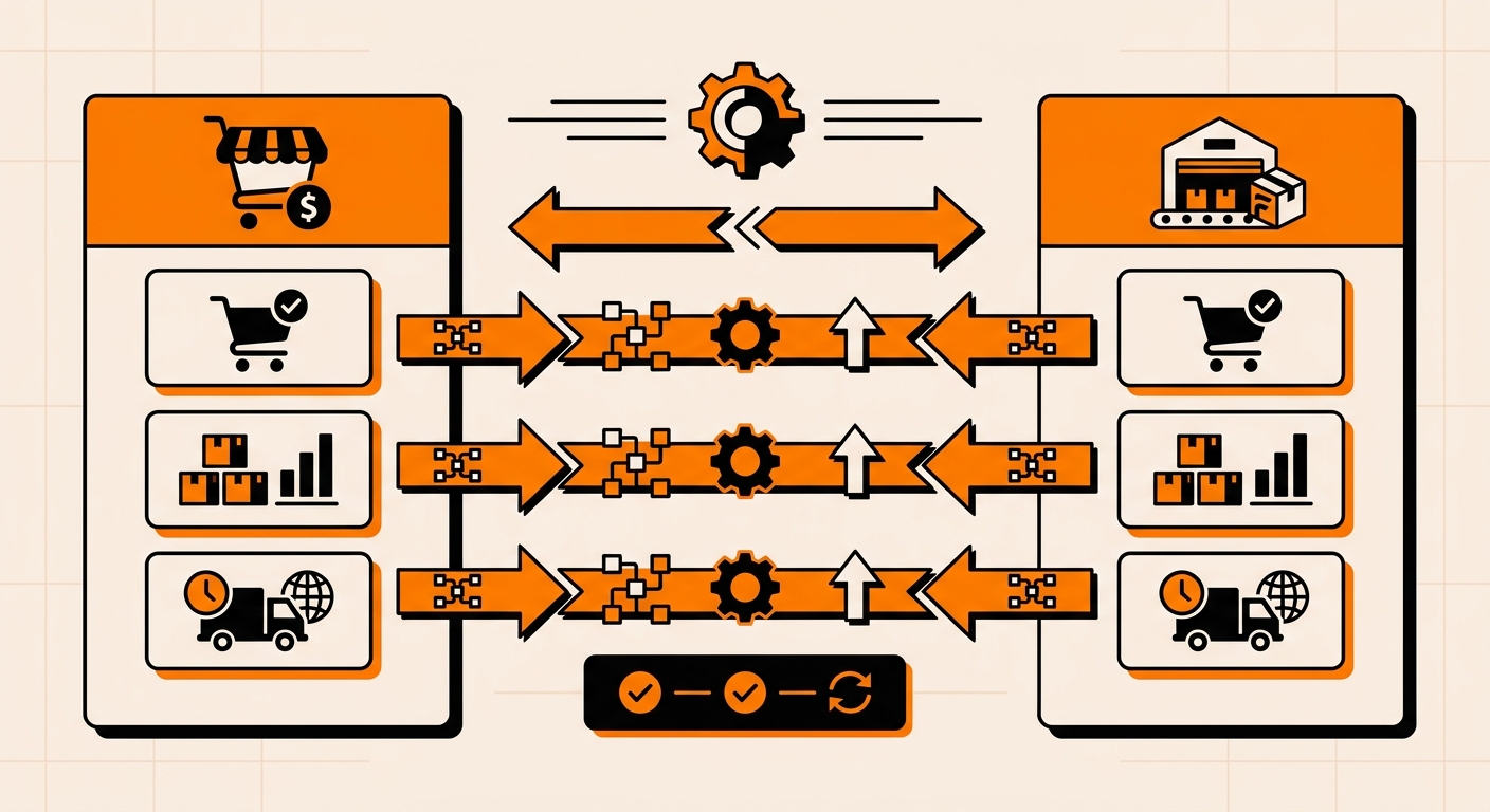 A clean dashboard-style illustration showing a BigCommerce storefront seamlessly connected to a Fulfyld fulfillment system, w