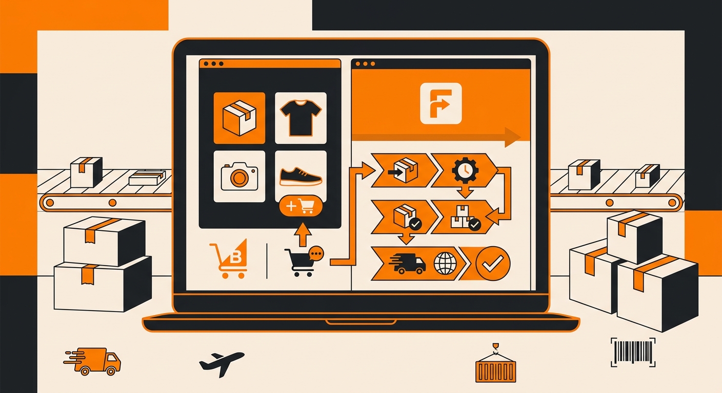 A professional eCommerce operations scene featuring a laptop displaying a BigCommerce store alongside a fulfillment managemen