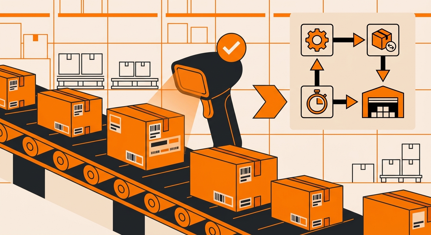 A clean warehouse scene showing labeled product boxes moving through a packing station, with a close-up of lot numbers and ba