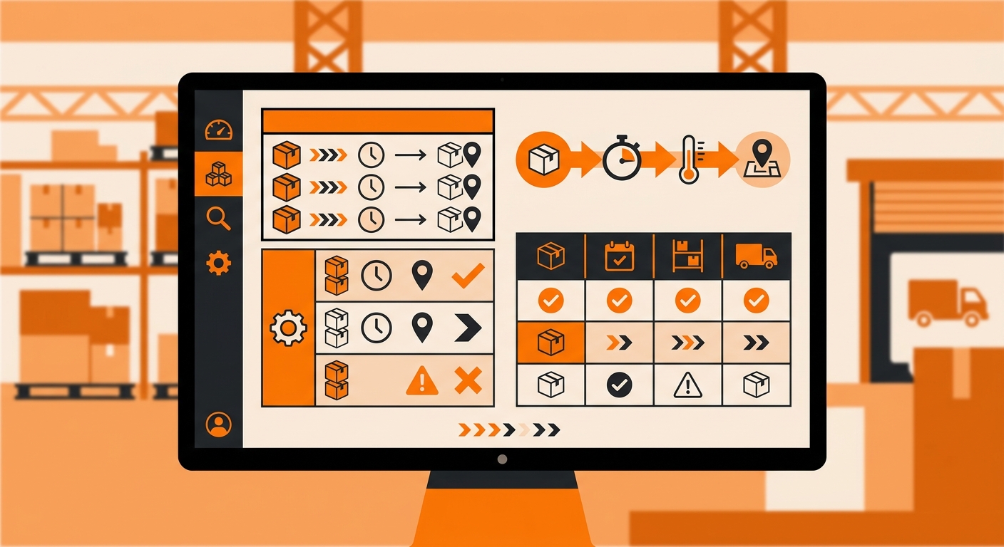 A modern dashboard on a computer screen displaying lot tracking data such as batch numbers, expiration dates, and inventory l