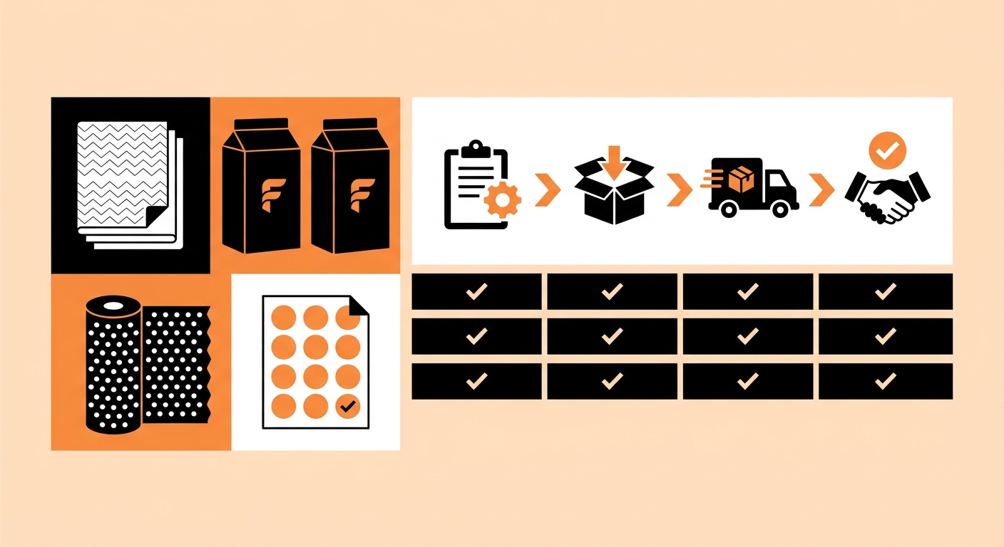 A professional flat-lay of assorted custom packaging materials including branded cartons, tissue paper, stickers, and protect
