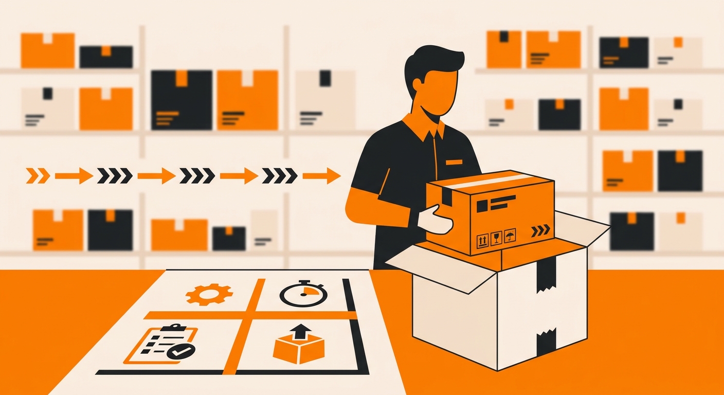 A modern eCommerce fulfillment workspace showing a staff member packing products into customer-provided branded packaging, wi
