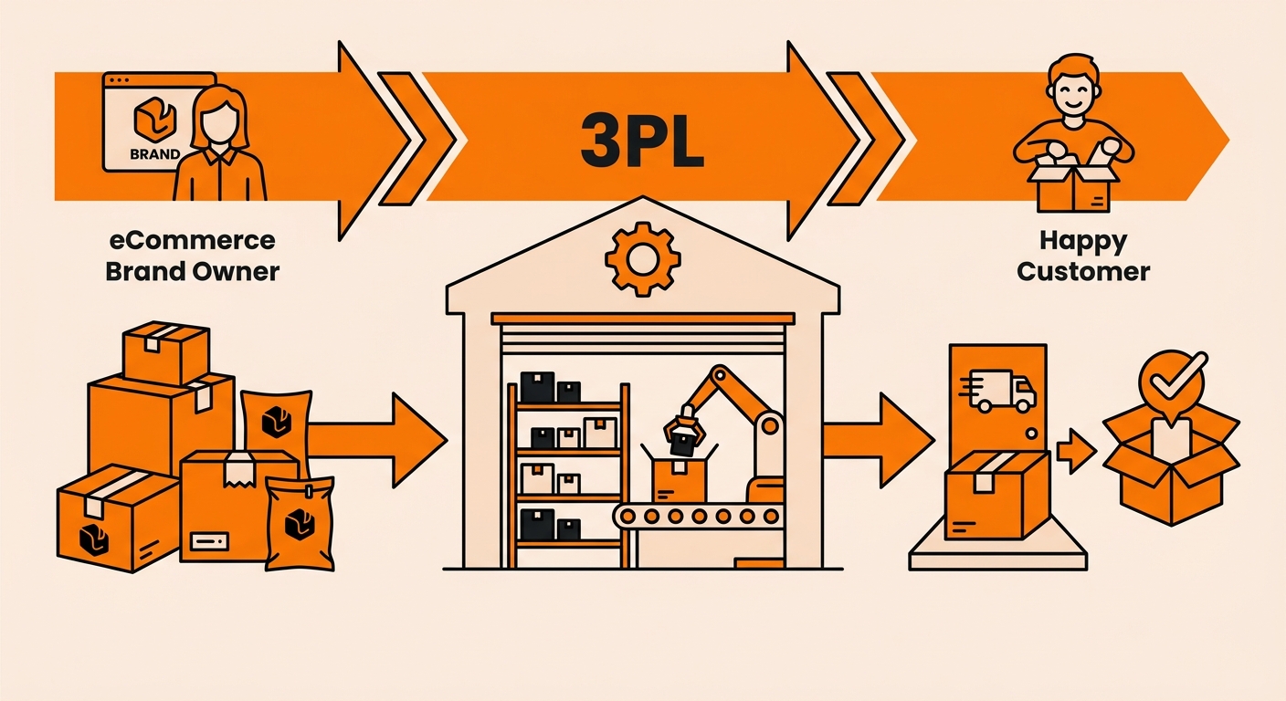 Infographic showing the flow of brand-supplied packaging materials from inbound shipment to warehouse receiving, WMS SKU assignment, pick-and-pack station use, and outbound carrier handoff at a Fulfyld fulfillment center
