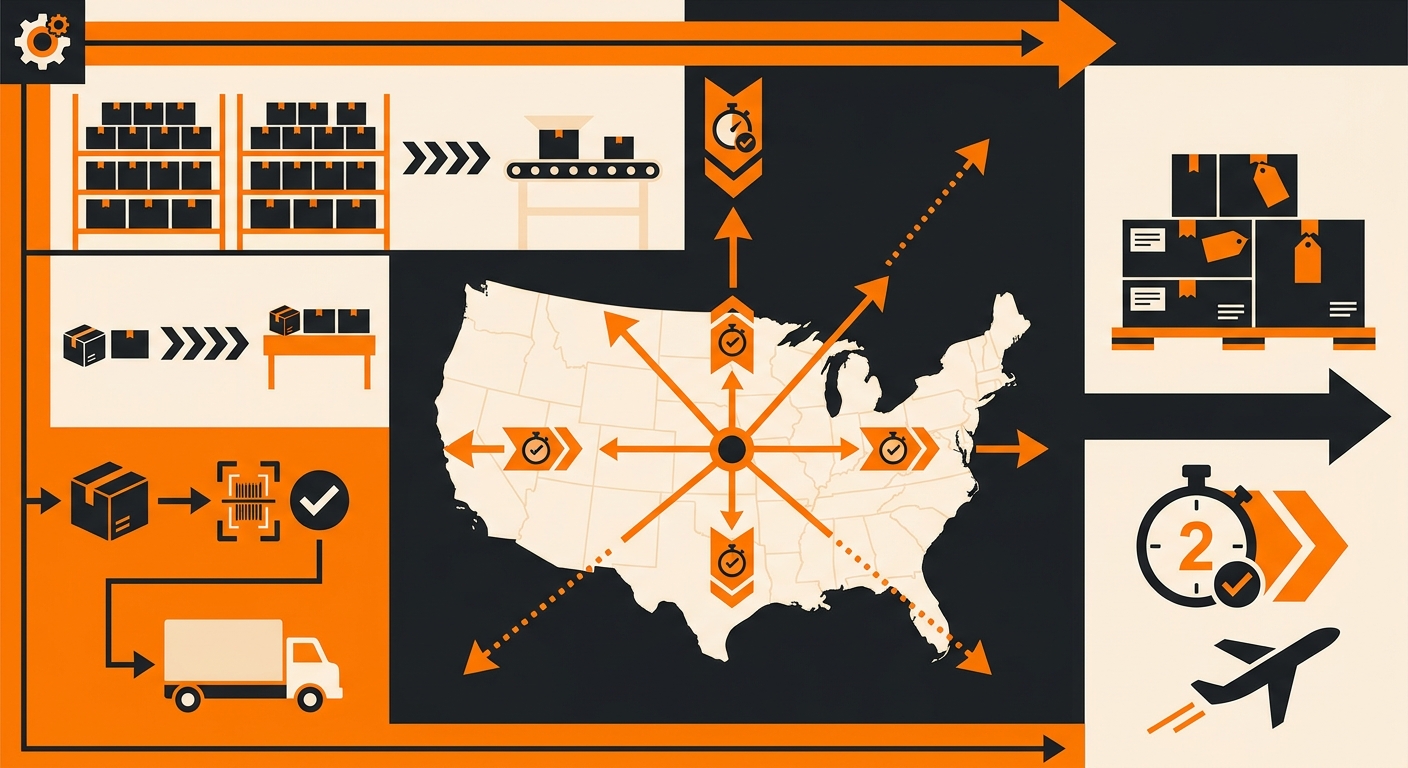 A clean warehouse fulfillment scene showing neatly organized shelves, packing stations, and labeled outbound parcels, with a