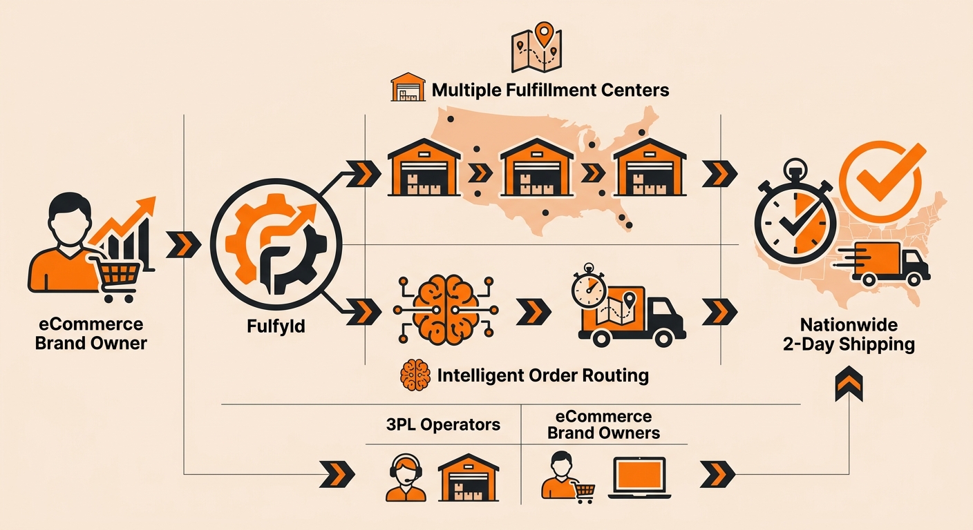 Diagram showing the 2-day shipping timeline from order placement through OMS ingestion, same-day pick-and-pack, carrier pickup, and final delivery to the customer within two business days