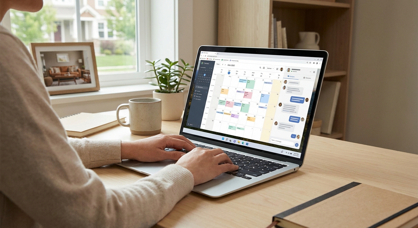 A short-term rental host works remotely from a laptop at a home office desk, reviewing an Airbnb-style calendar and guest mes