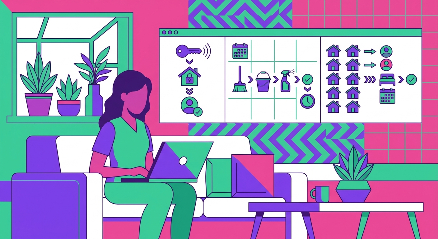 A property owner sits at a laptop in a bright living space, monitoring smart lock access, cleaning schedules, and reservation