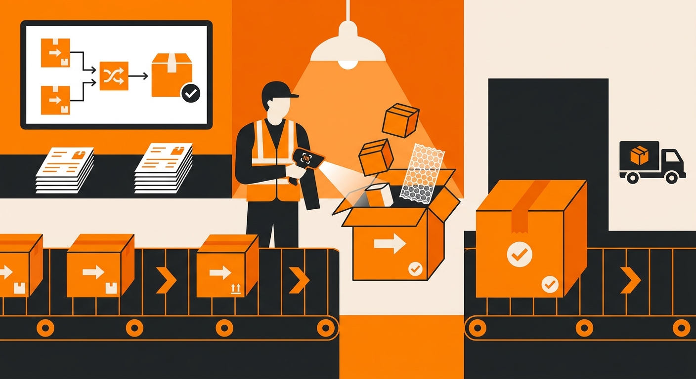 A clean warehouse fulfillment workspace showing multiple customer orders being consolidated into a single shipment, with labe