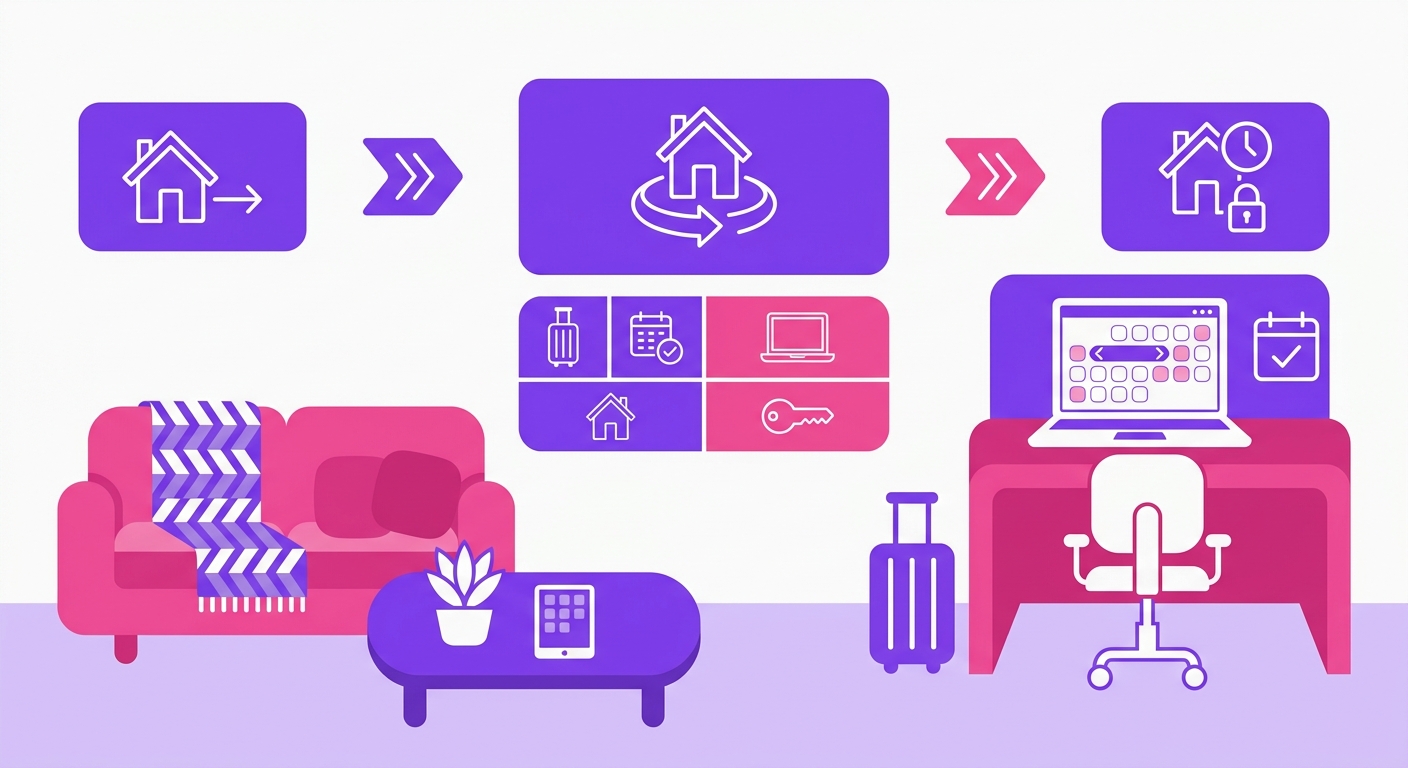 A tidy living room in a furnished vacation rental is staged for an extended guest stay, featuring a workspace, suitcase, and