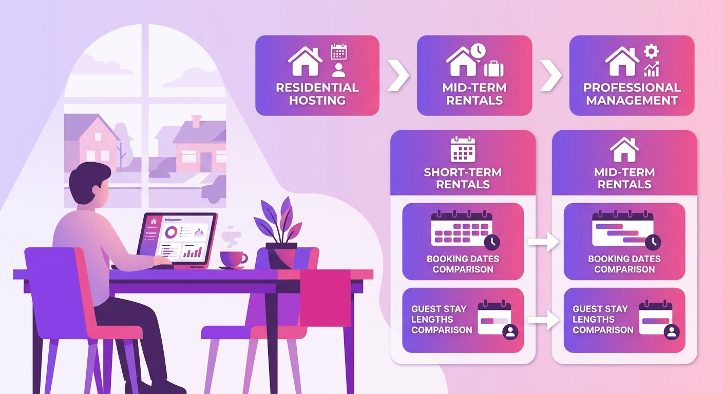 An STR property owner works from a laptop at a dining table inside a stylish Airbnb-style home, comparing booking dates and g