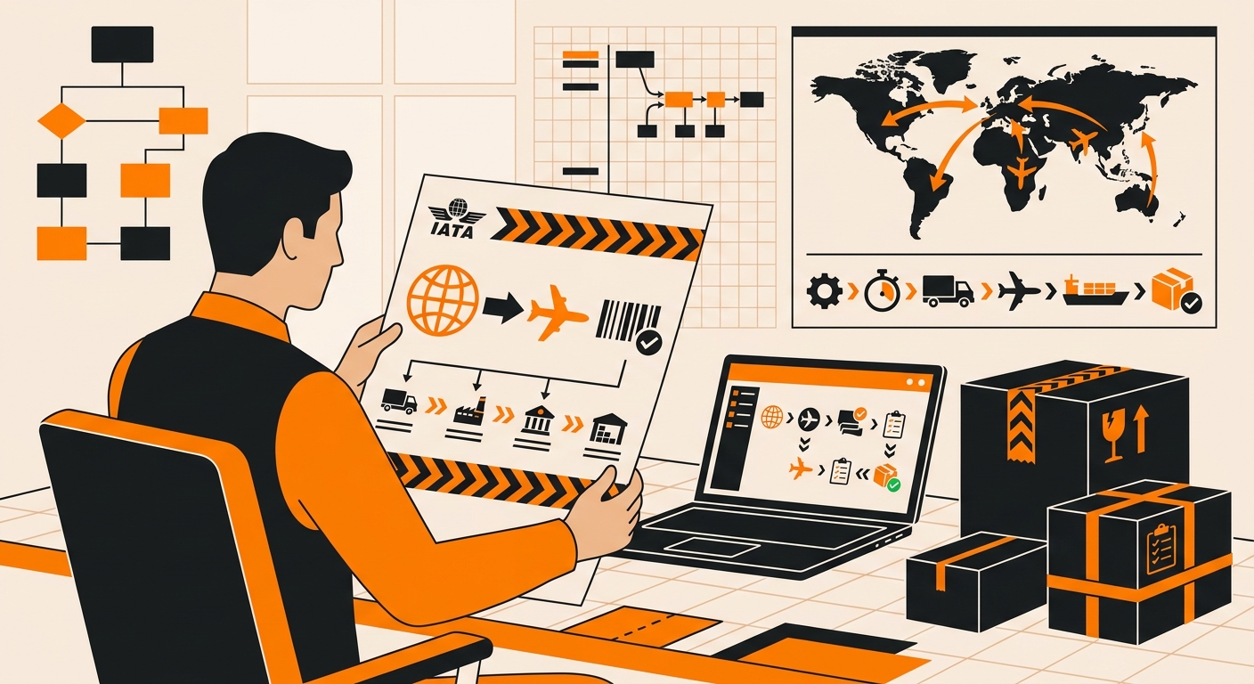 A clean logistics office scene showing a shipping specialist reviewing an air cargo document labeled with IATA-related shipme